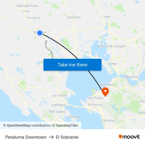 Petaluma Downtown to El Sobrante map