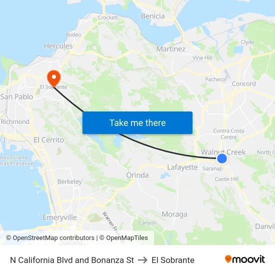 N California Blvd and Bonanza St to El Sobrante map