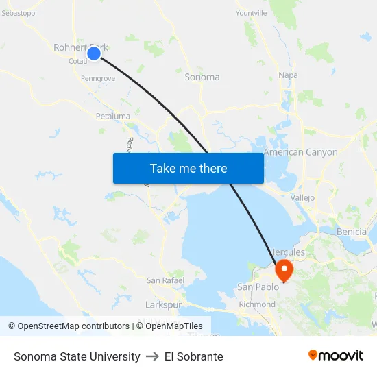 Sonoma State University to El Sobrante map