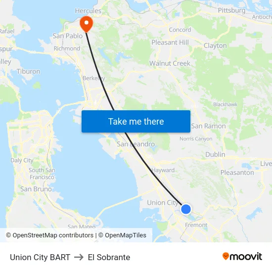Union City BART to El Sobrante map