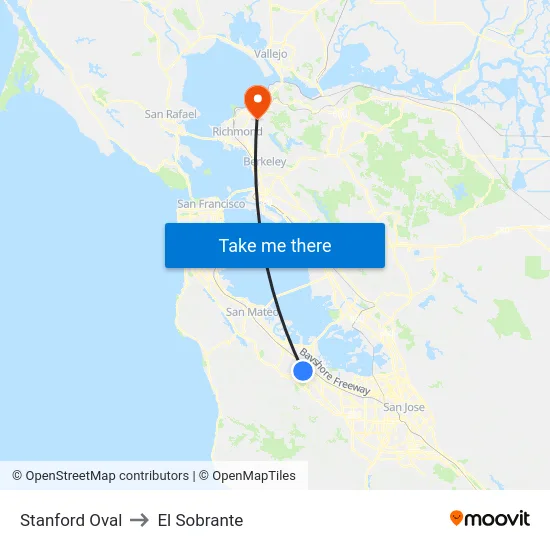 Stanford Oval to El Sobrante map