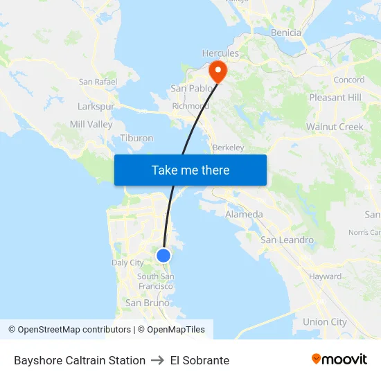 Bayshore Caltrain Station to El Sobrante map