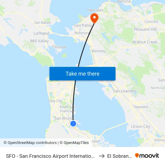 SFO - San Francisco Airport International to El Sobrante map
