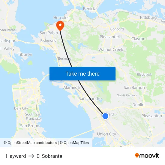 Hayward to El Sobrante map
