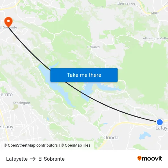 Lafayette to El Sobrante map