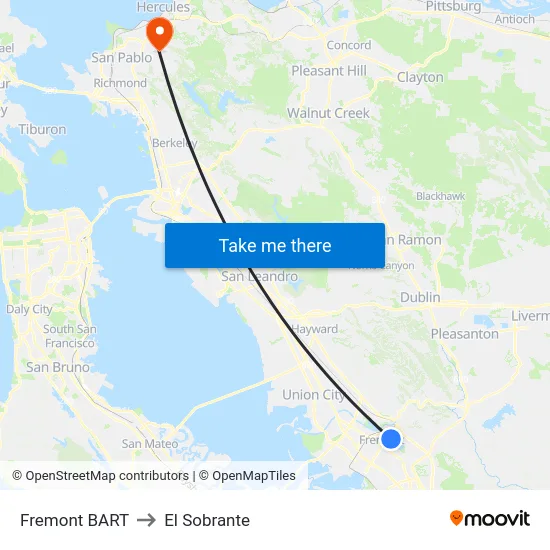 Fremont BART to El Sobrante map