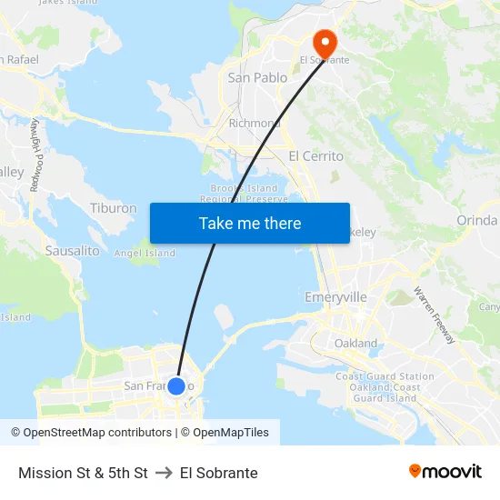 Mission St & 5th St to El Sobrante map