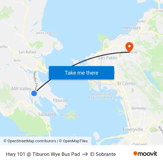 Hwy 101 @ Tiburon Wye Bus Pad to El Sobrante map