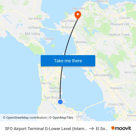 SFO Airport Terminal G-Lower Level (International Terminal Courtyard) to El Sobrante map