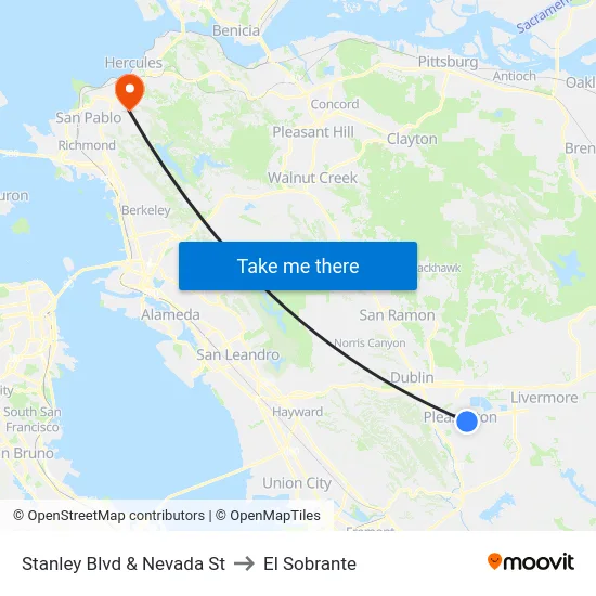 Stanley Blvd & Nevada St to El Sobrante map