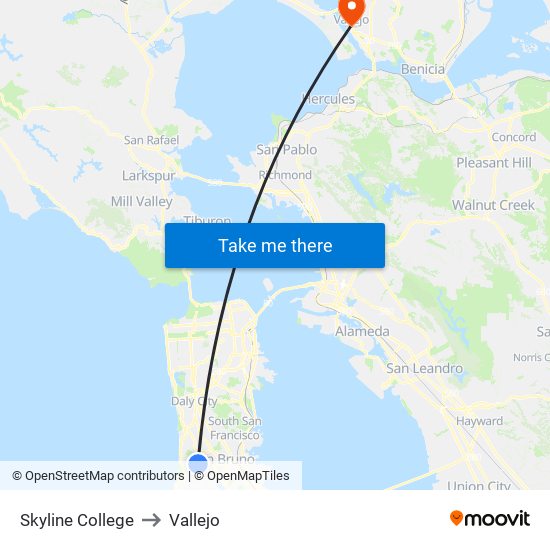 Skyline College to Vallejo map