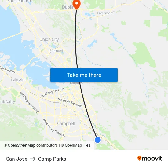 San Jose to Camp Parks map
