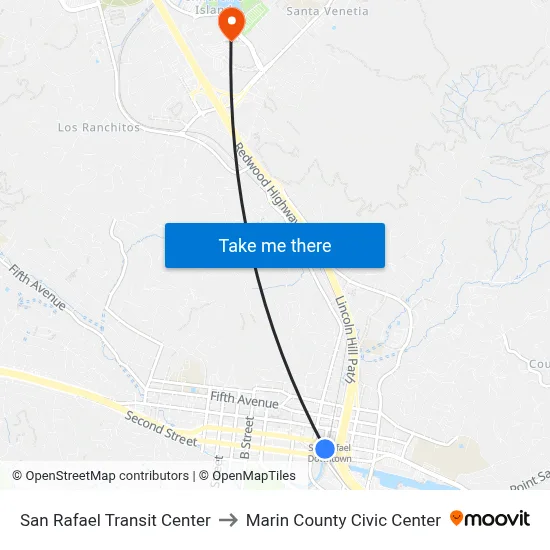 San Rafael Transit Center to Marin County Civic Center map