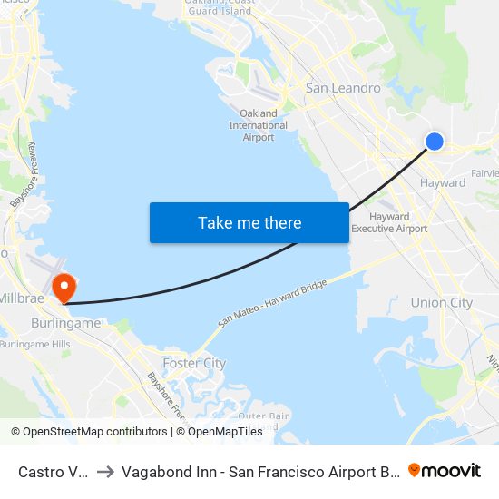 Castro Valley to Vagabond Inn - San Francisco Airport Bayfront (Sfo) map