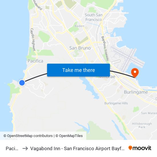Pacifica to Vagabond Inn - San Francisco Airport Bayfront (Sfo) map