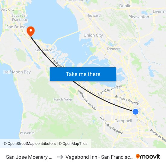 San Jose Mcenery Convention Center to Vagabond Inn - San Francisco Airport Bayfront (Sfo) map