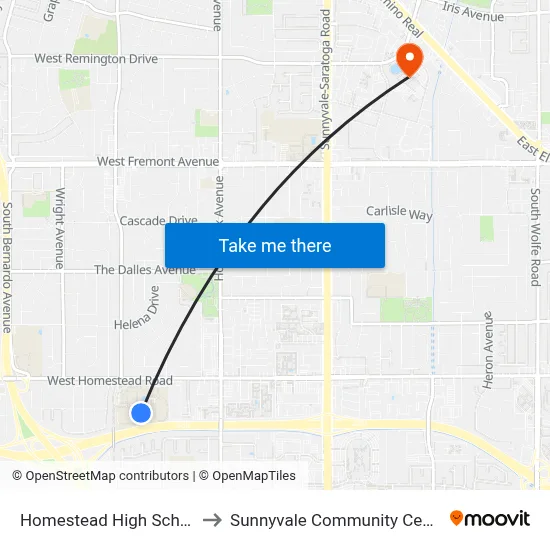 Homestead High School to Sunnyvale Community Center map