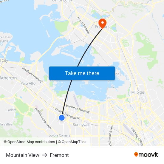 Mountain View to Fremont map