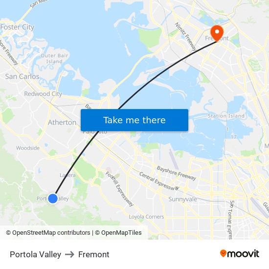 Portola Valley to Fremont map