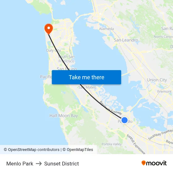 Menlo Park to Sunset District map