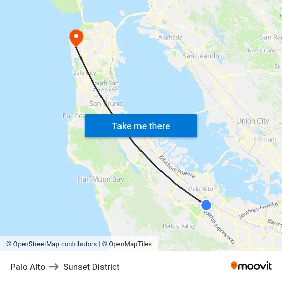 Palo Alto to Sunset District map