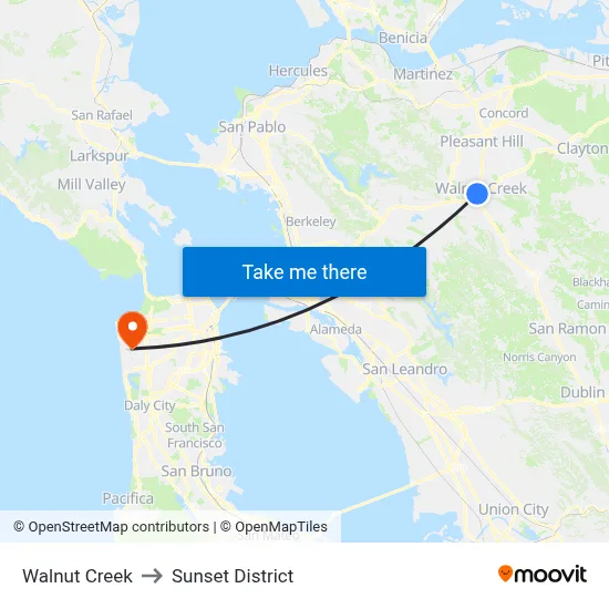Walnut Creek to Sunset District map