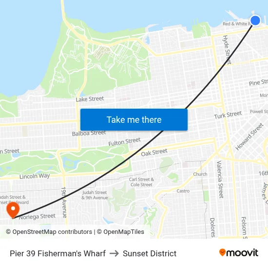 Pier 39 Fisherman's Wharf to Sunset District map