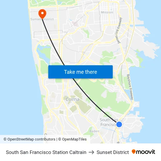 South San Francisco Station Caltrain to Sunset District map
