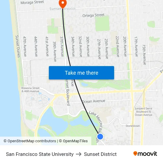 San Francisco State University to Sunset District map