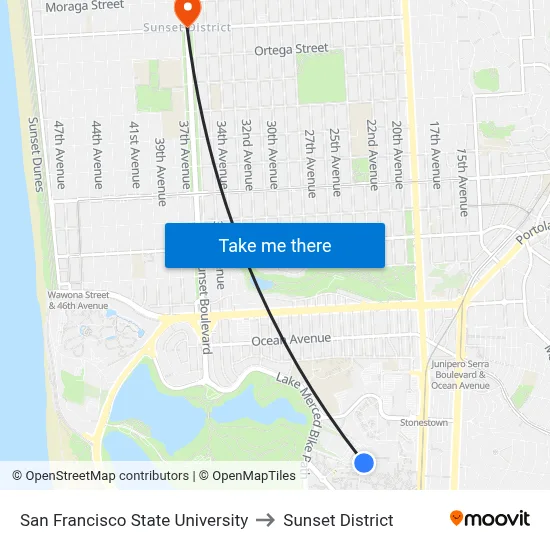 San Francisco State University to Sunset District map