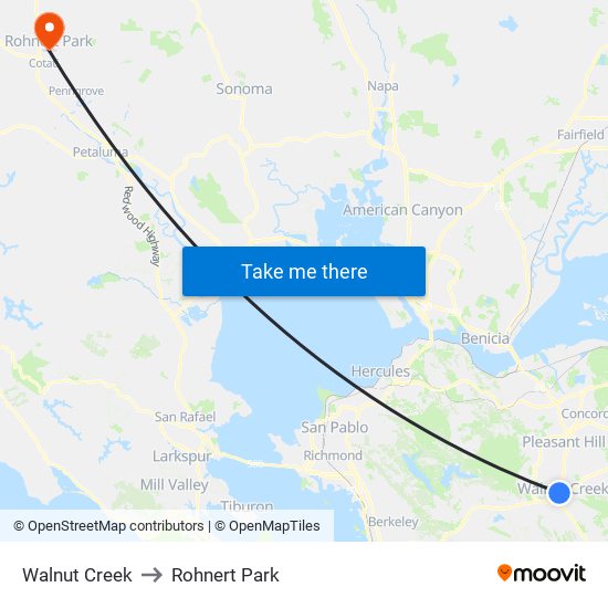 Walnut Creek to Rohnert Park map