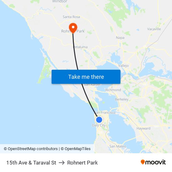 15th Ave & Taraval St to Rohnert Park map