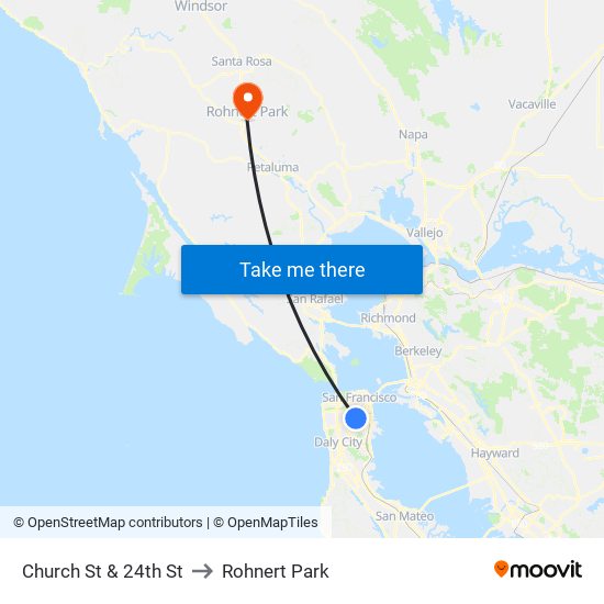 Church St & 24th St to Rohnert Park map