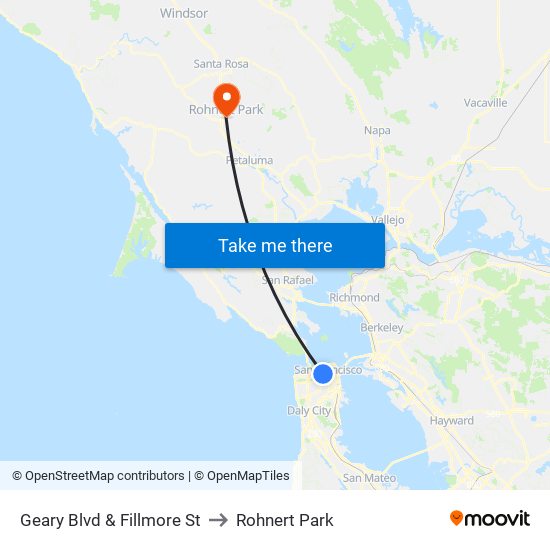 Geary Blvd & Fillmore St to Rohnert Park map