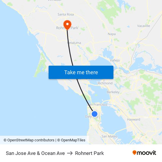 San Jose Ave & Ocean Ave to Rohnert Park map