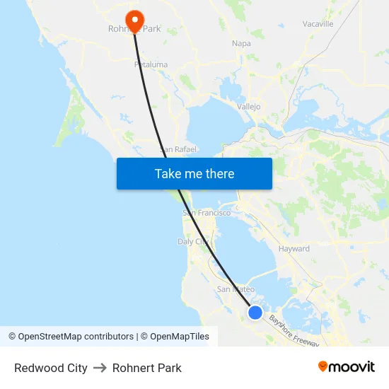 Redwood City to Rohnert Park map