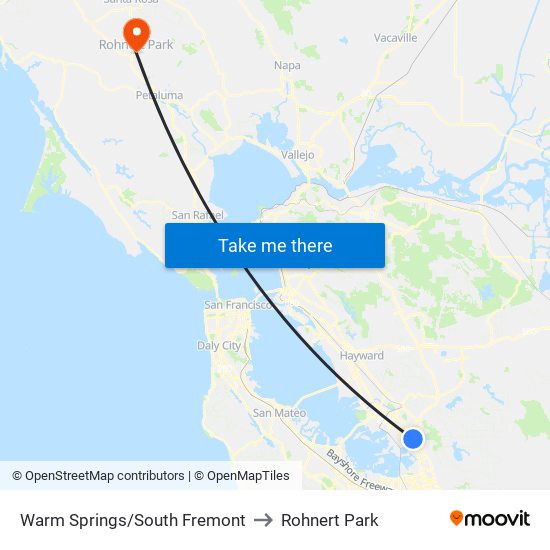 Warm Springs/South Fremont to Rohnert Park map