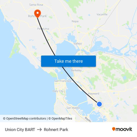 Union City BART to Rohnert Park map