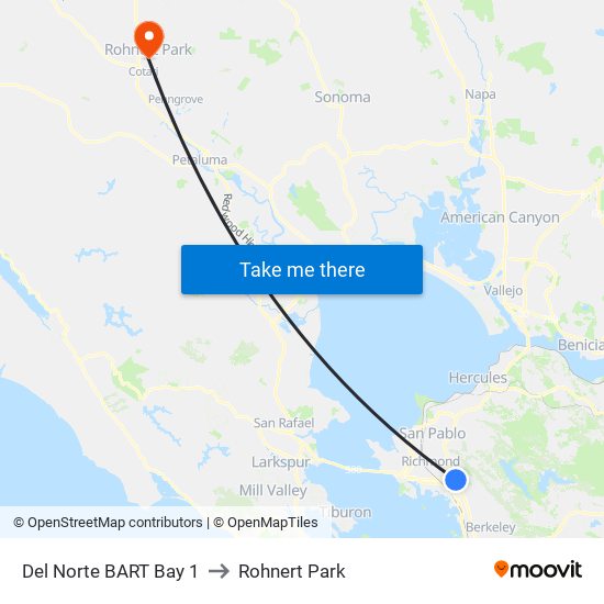 Del Norte BART Bay 1 to Rohnert Park map