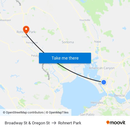 Broadway St & Oregon St to Rohnert Park map