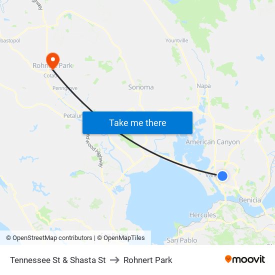 Tennessee St & Shasta St to Rohnert Park map