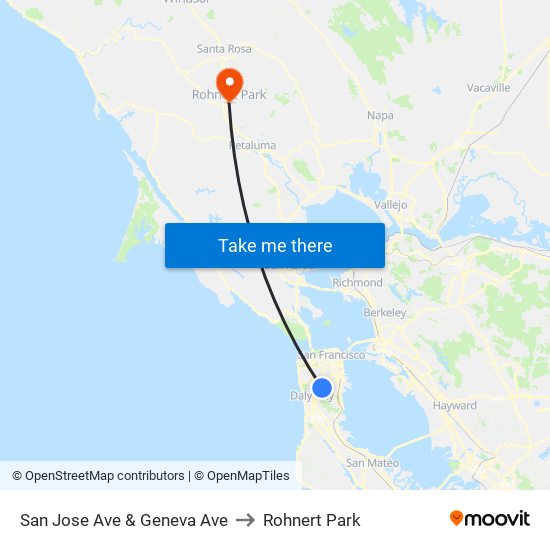 San Jose Ave & Geneva Ave to Rohnert Park map