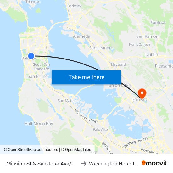 Mission St & San Jose Ave/Wellington Ave to Washington Hospital Heliport map