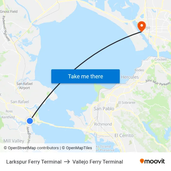 Larkspur Ferry Terminal to Vallejo Ferry Terminal map