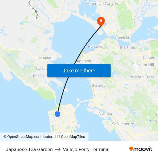 Japanese Tea Garden to Vallejo Ferry Terminal map