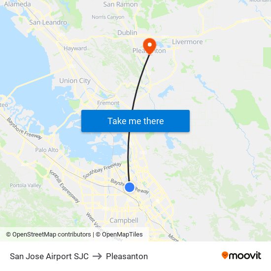 San Jose Airport SJC to Pleasanton map