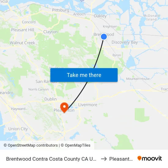 Brentwood Contra Costa County CA USA to Pleasanton map