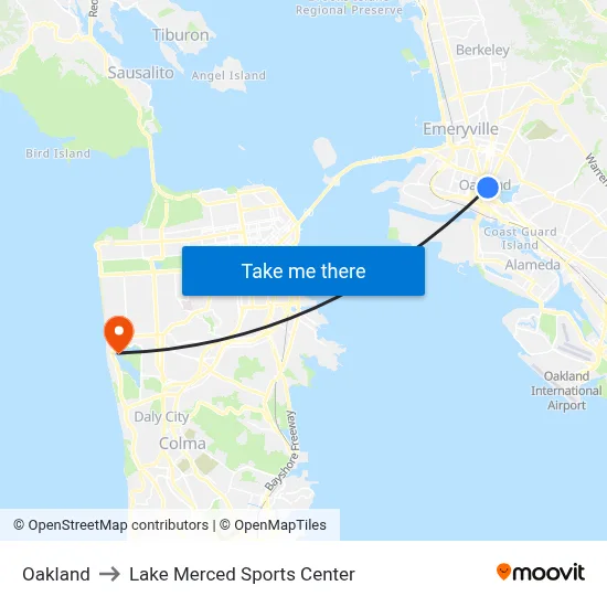 Oakland to Lake Merced Sports Center map