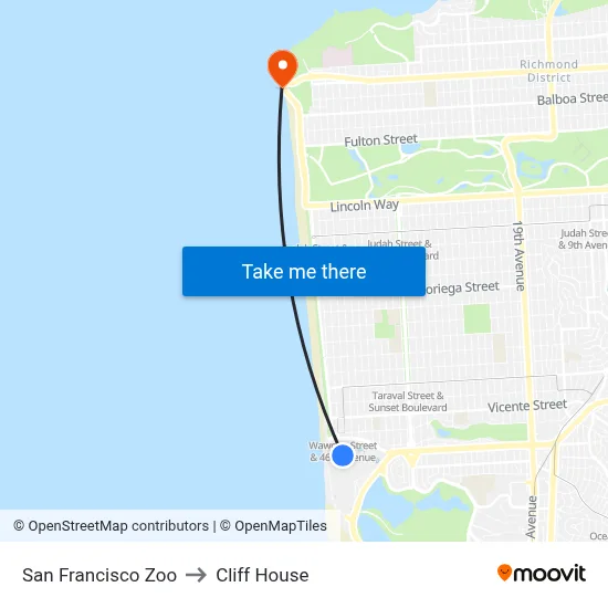 San Francisco Zoo to Cliff House map