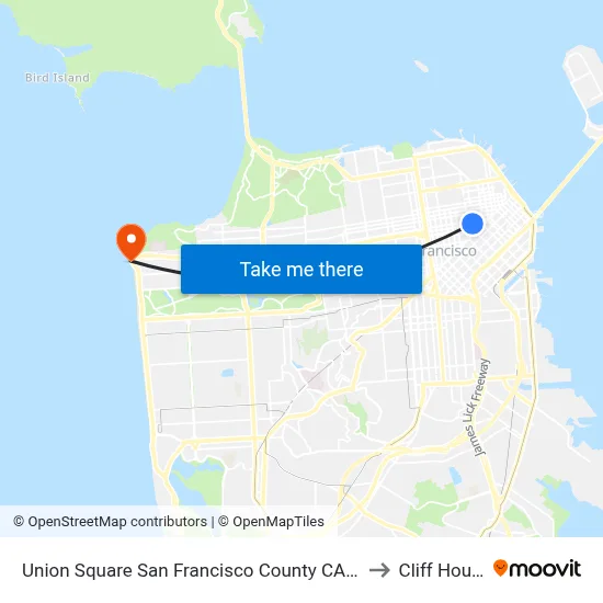 Union Square San Francisco County CA USA to Cliff House map